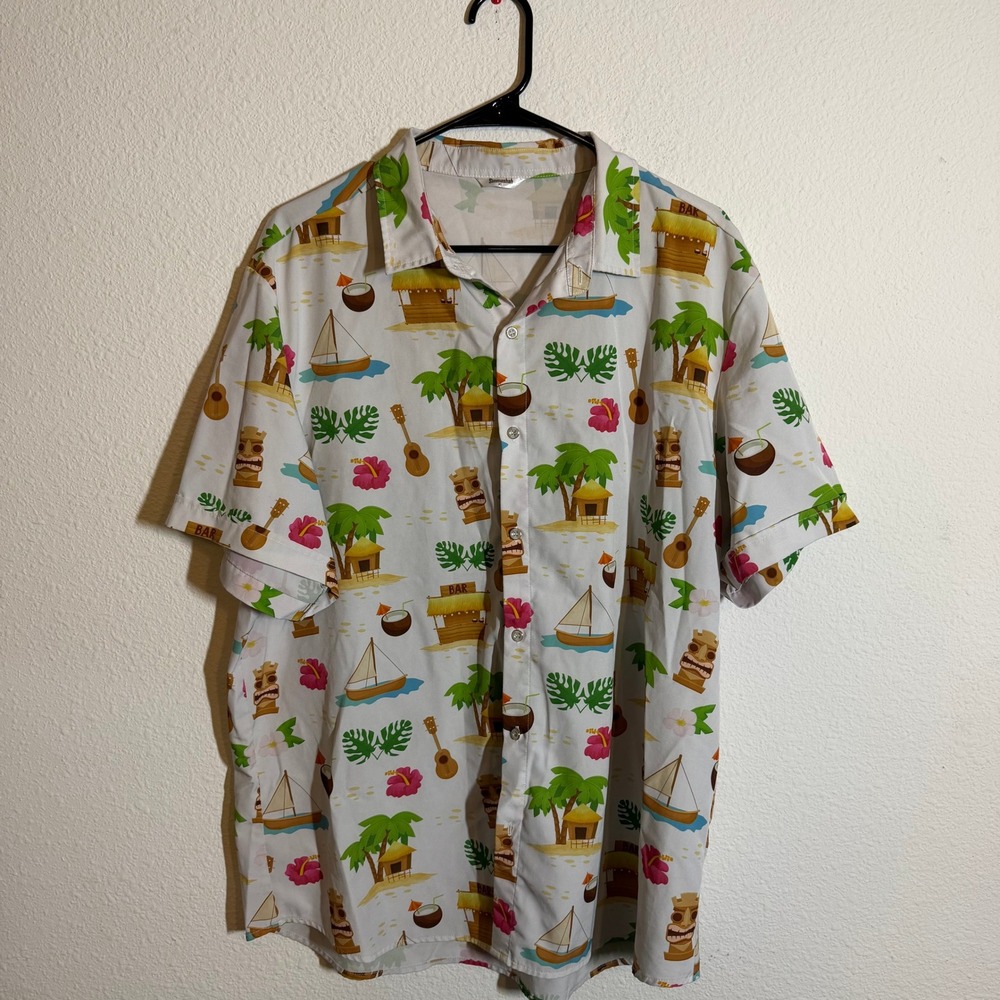 Simmashah Mens XL Tropical Tiki Bar Hawaiian Shirt White Short Sleeve Button Up